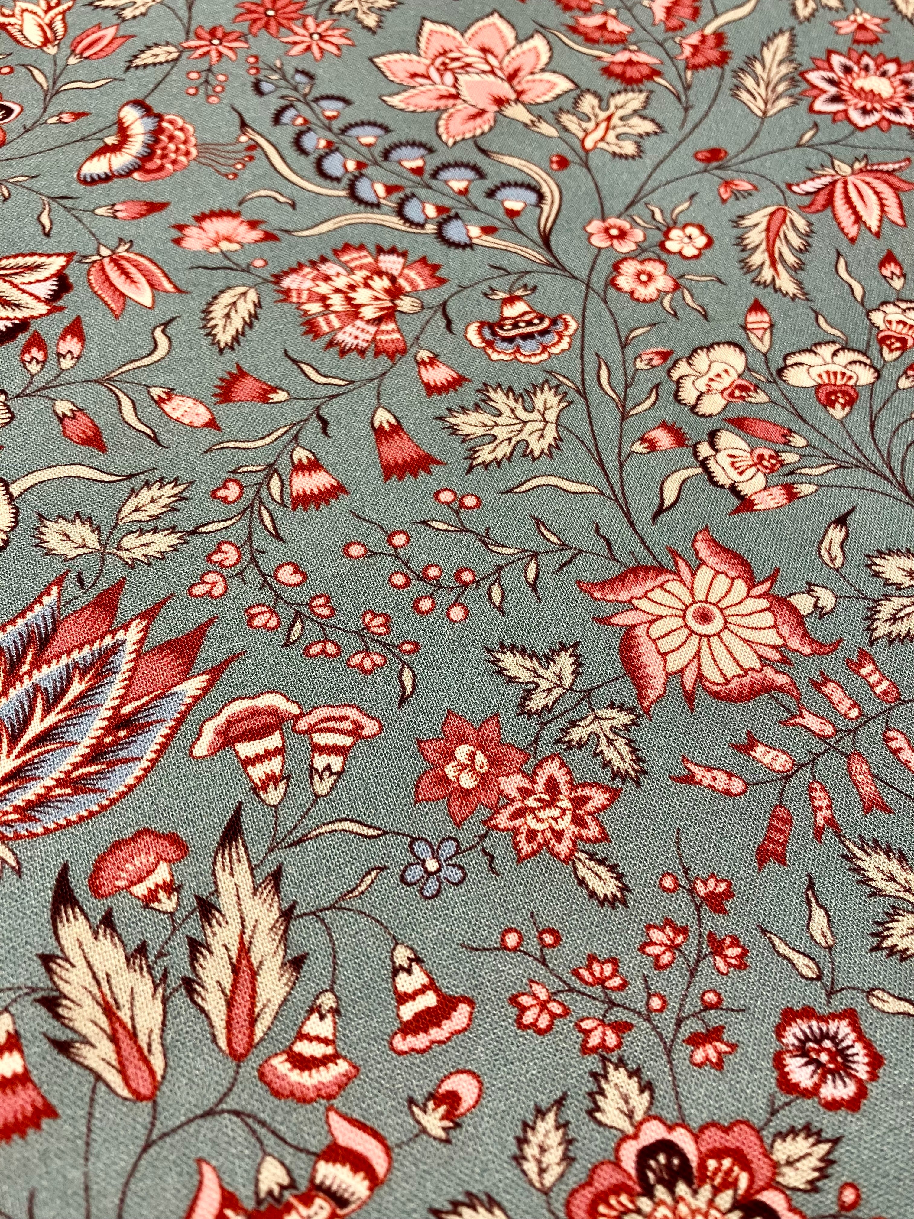 Maison Sajou: Indienne Floral Cotton Fabric No21 - Grey Blue Base