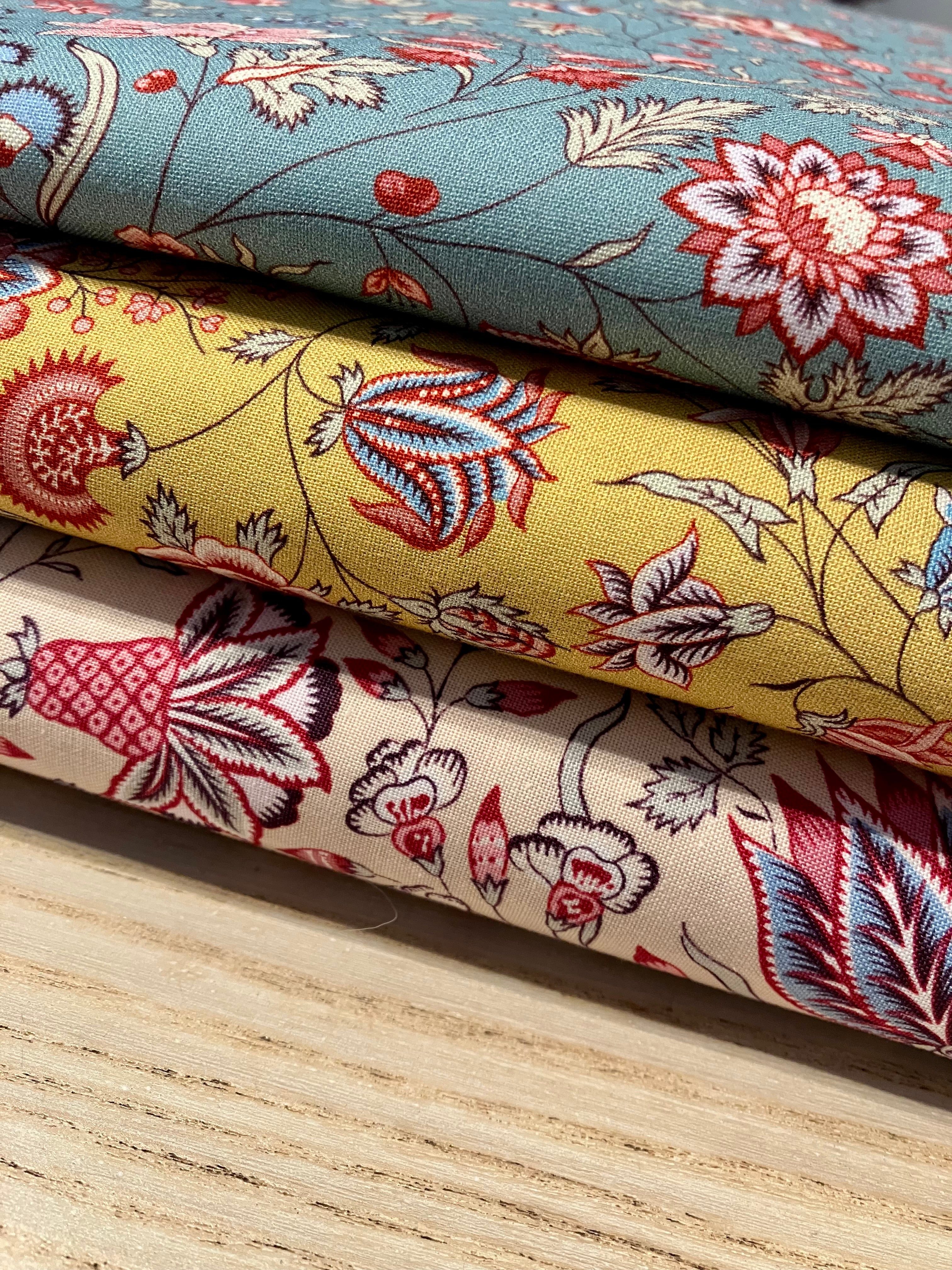 Maison Sajou: Indienne Floral Cotton Fabric No21 - Grey Blue Base