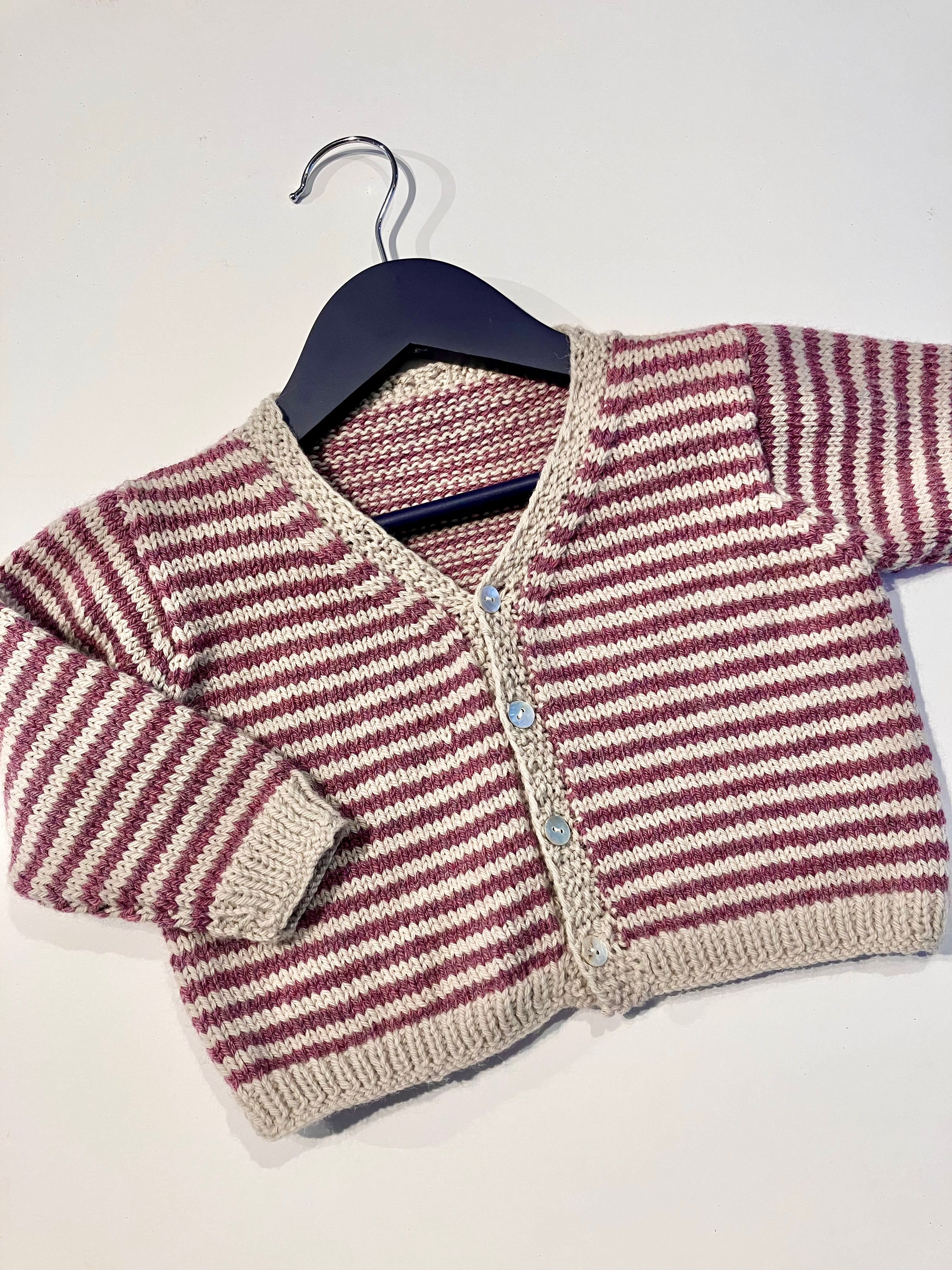 Hand-Knitted Baby Cardigan - Grey & Purple Stripes