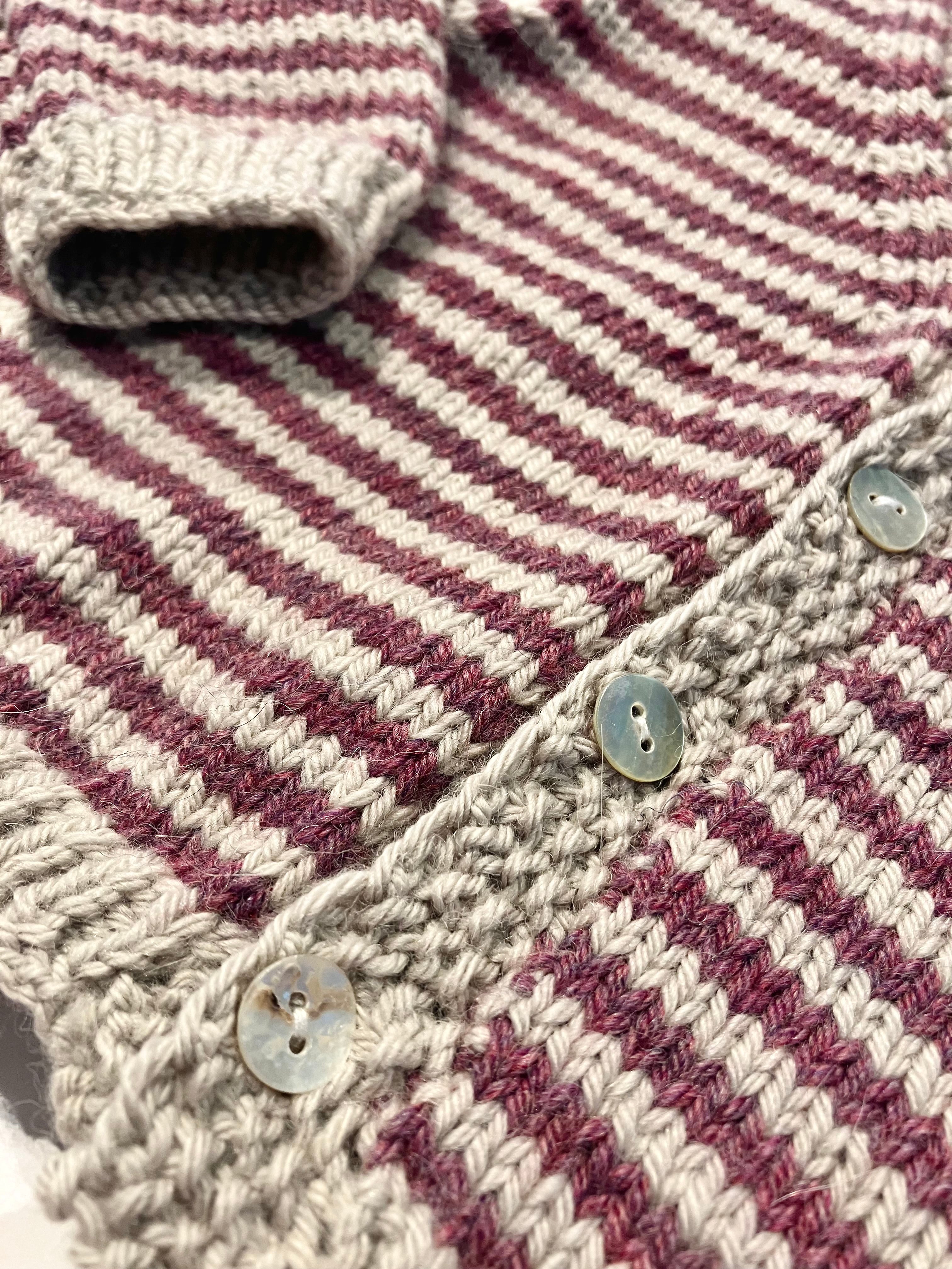 Hand-Knitted Baby Cardigan - Grey & Purple Stripes