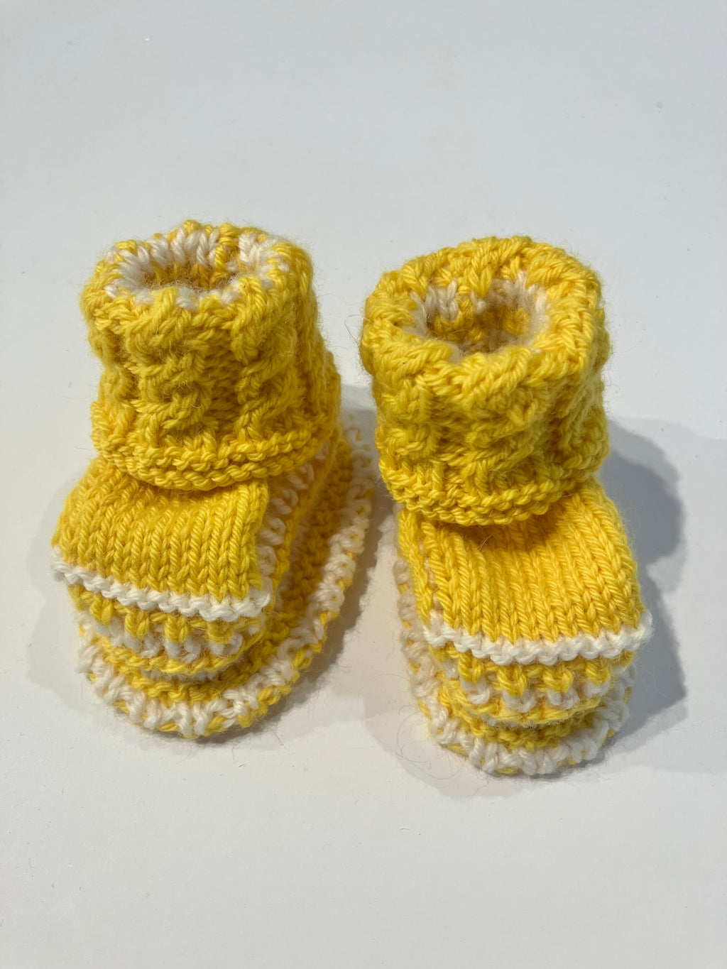 Hand-knitted Baby Booties - 100% baby merino wool - Yellow & White