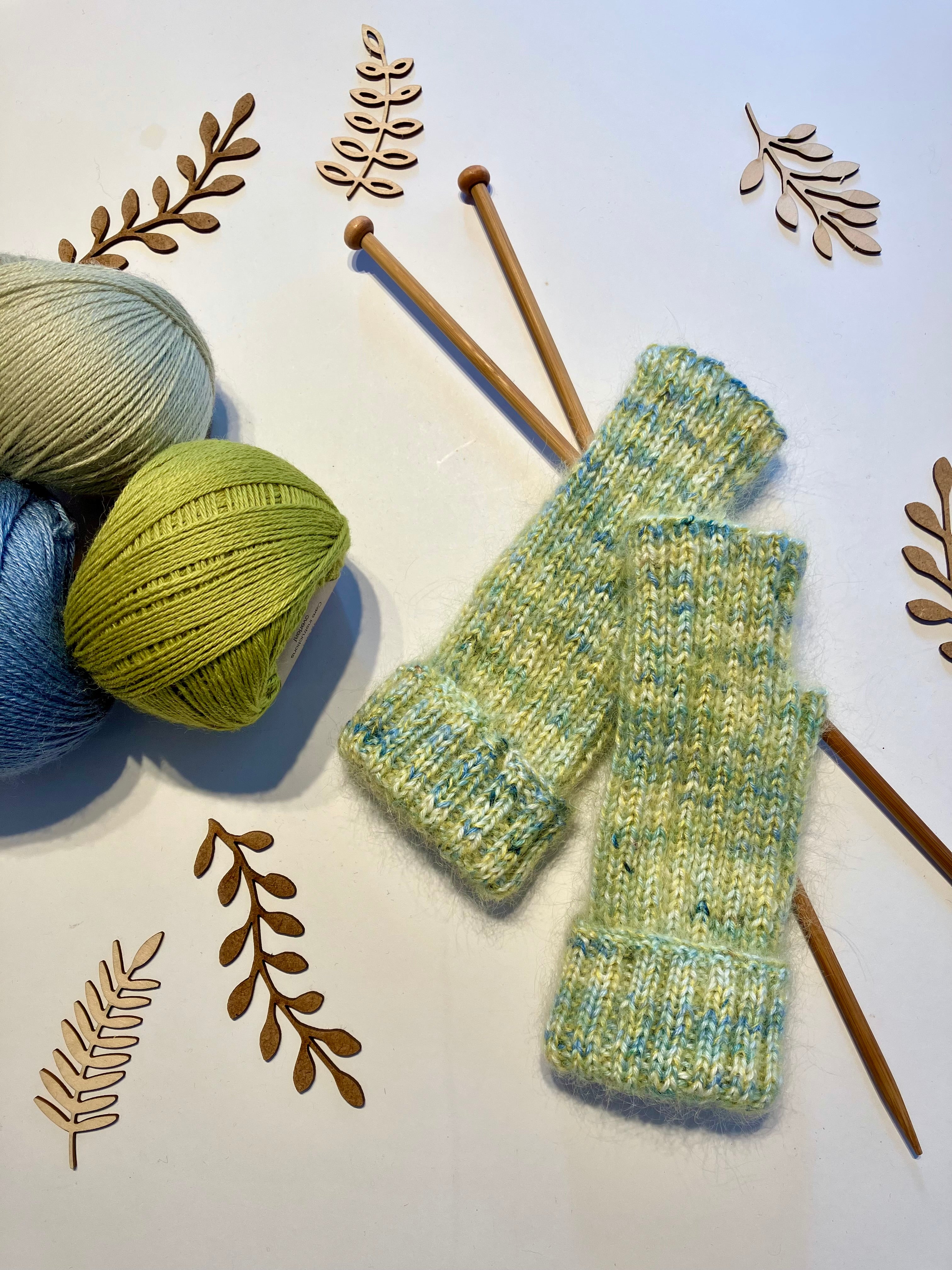 Variegated Green & Blue Hand-Knitted Fingerless Gloves