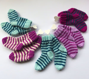 Stripy baby socks. Handmade by Grandma in Devon using soft 100% British baby Merino Wool.