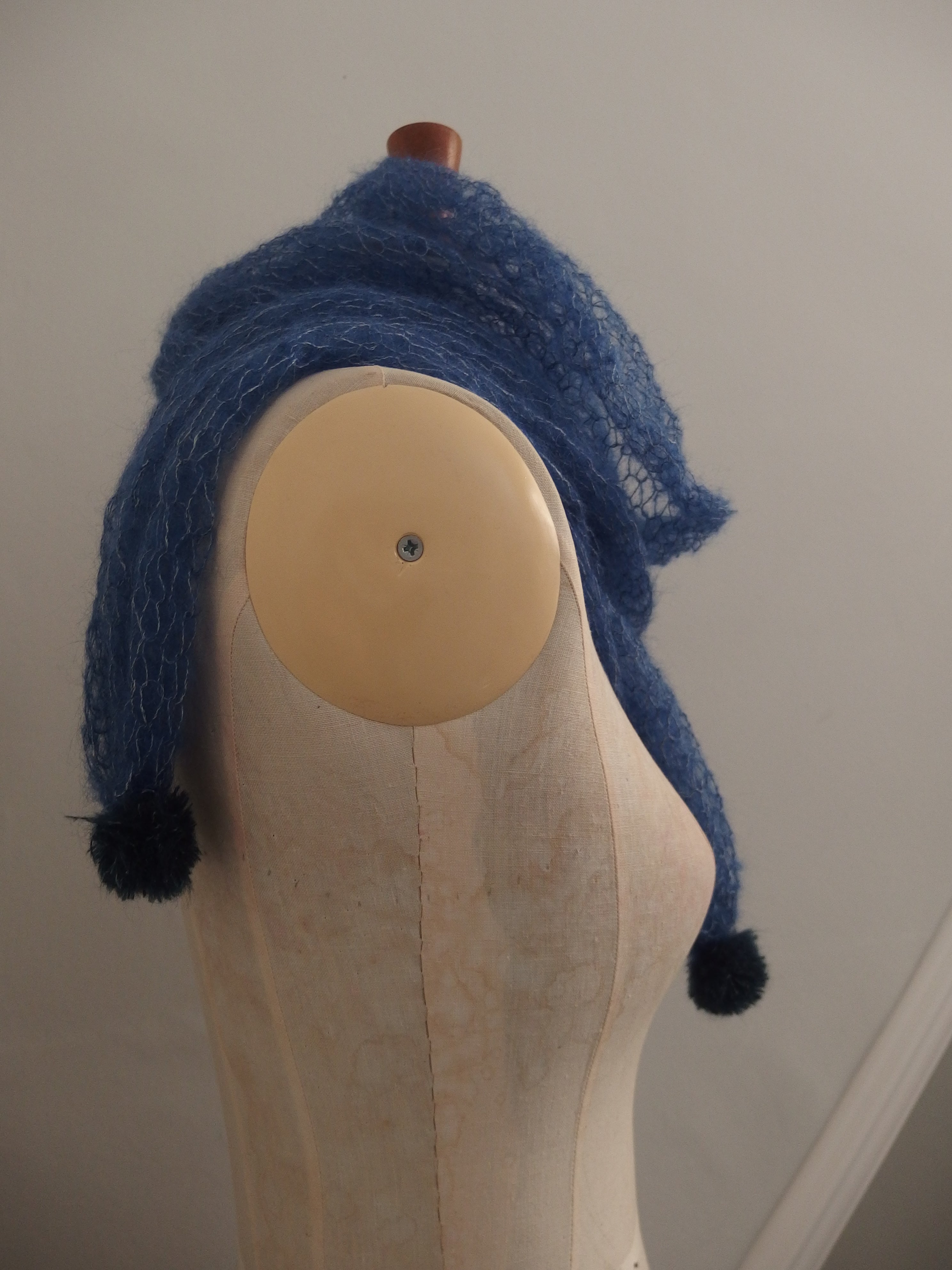 Pom Pom Scarf - Laceweight superfine 70% Mohair and 30% Silk. Ink Blue
