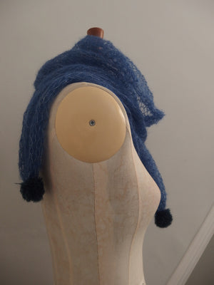 Pom Pom Scarf - Laceweight superfine 70% Mohair and 30% Silk. Ink Blue