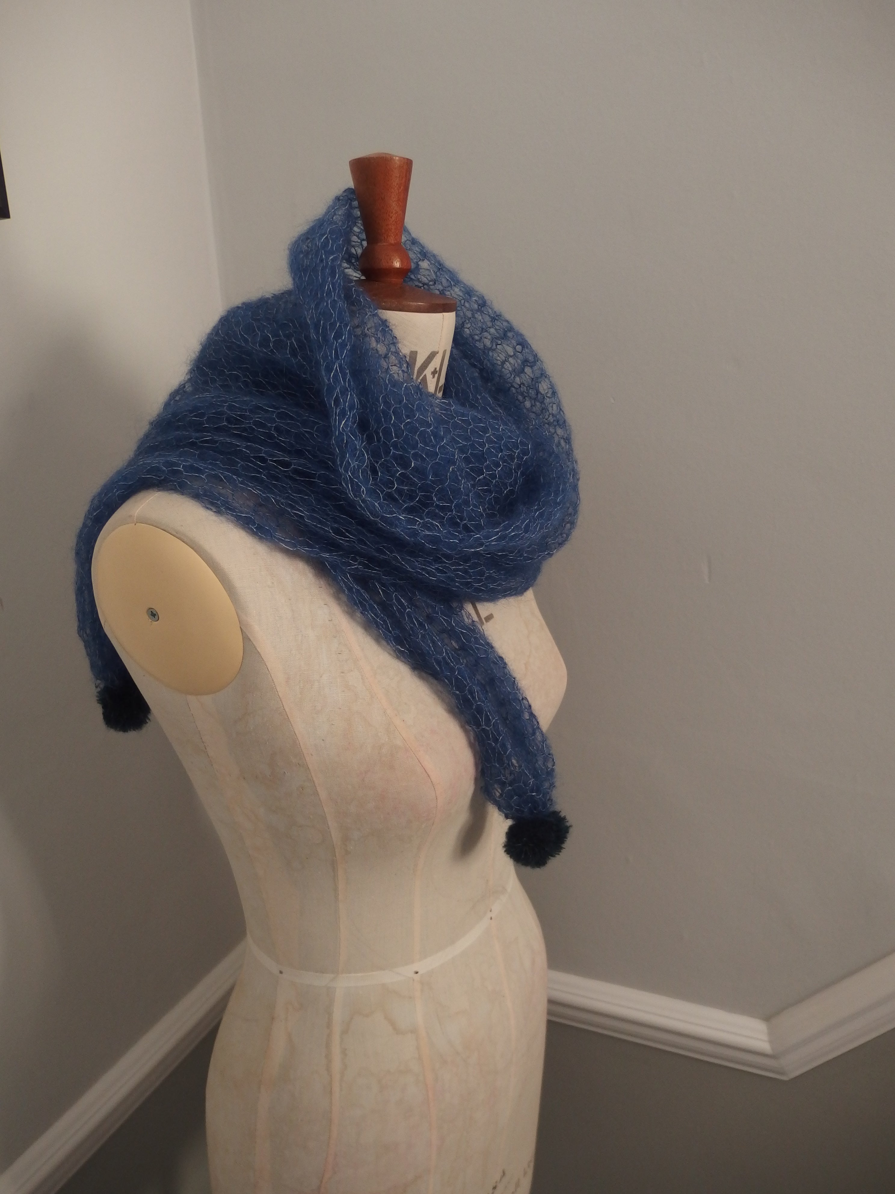Pom Pom Scarf - Laceweight superfine 70% Mohair and 30% Silk. Ink Blue