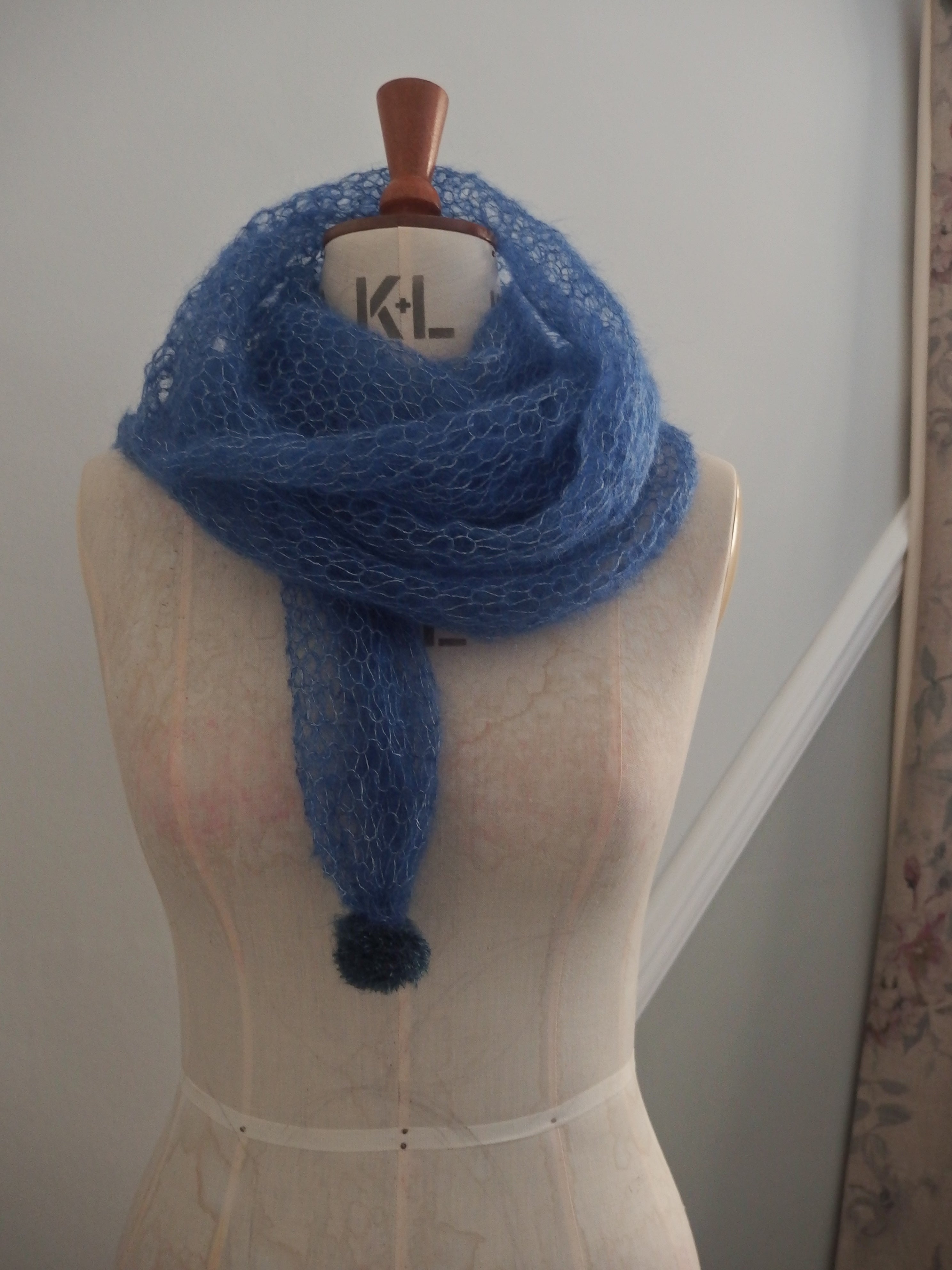 Pom Pom Scarf - Laceweight superfine 70% Mohair and 30% Silk. Ink Blue