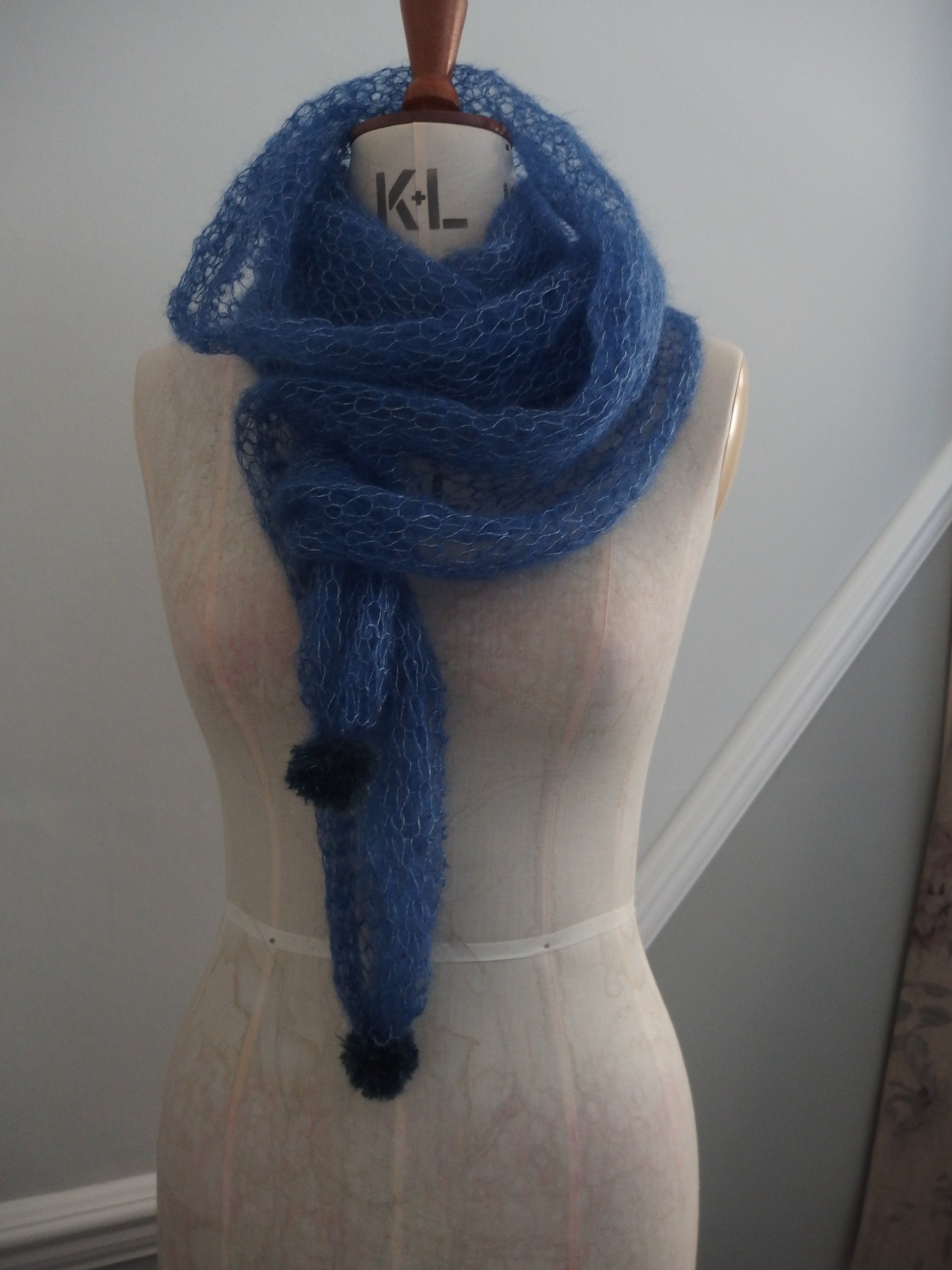Pom Pom Scarf - Laceweight superfine 70% Mohair and 30% Silk. Ink Blue