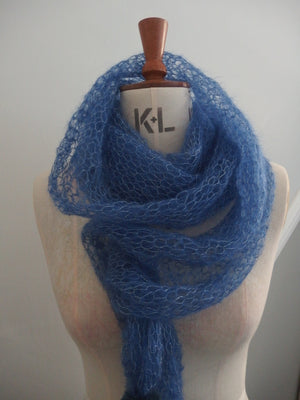 Pom Pom Scarf - Laceweight superfine 70% Mohair and 30% Silk. Ink Blue
