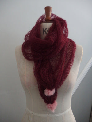 Pom Pom Scarf - Laceweight superfine 70% Mohair and 30% Silk. Raspberry