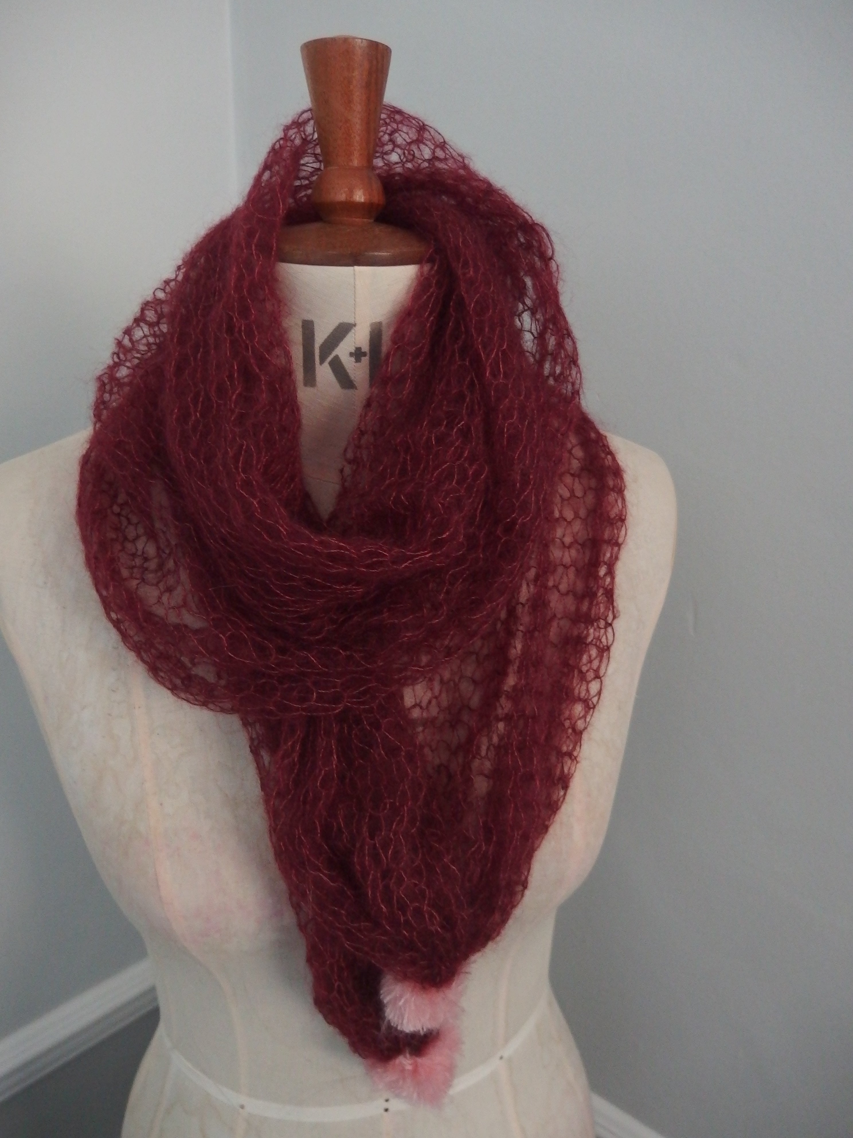 Pom Pom Scarf - Laceweight superfine 70% Mohair and 30% Silk. Raspberry