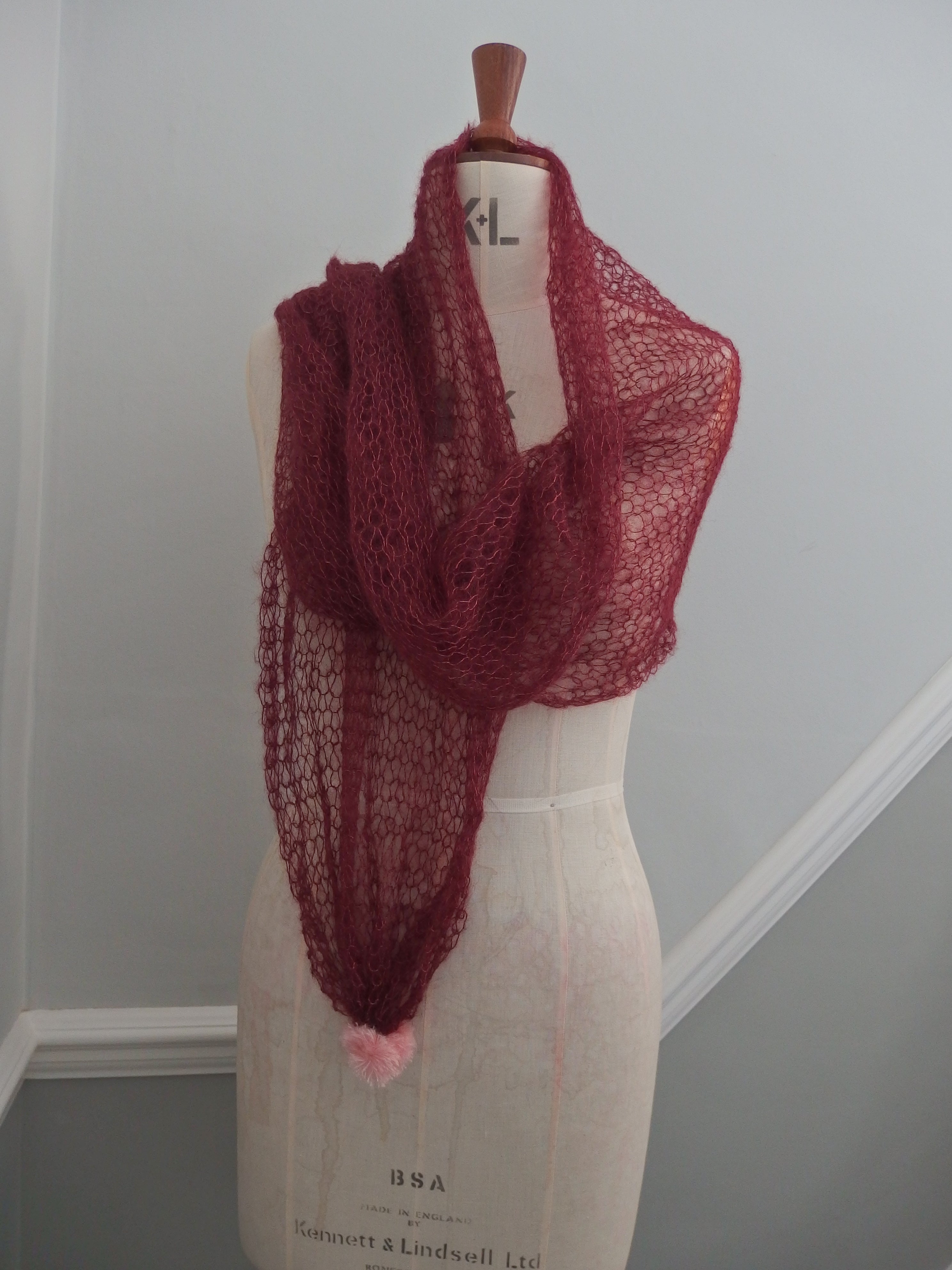 Pom Pom Scarf - Laceweight superfine 70% Mohair and 30% Silk. Raspberry