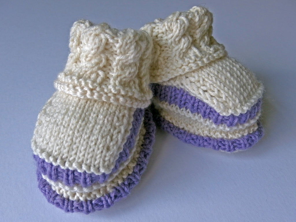 Baby Booties - made using 100% baby merino wool: cream & violet