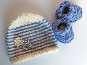 Baby Booties & Beanie set - Blue & Vanilla