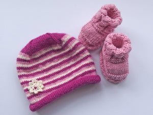 Baby Booties & Beanie set - Fuchsia, Pink & Vanilla