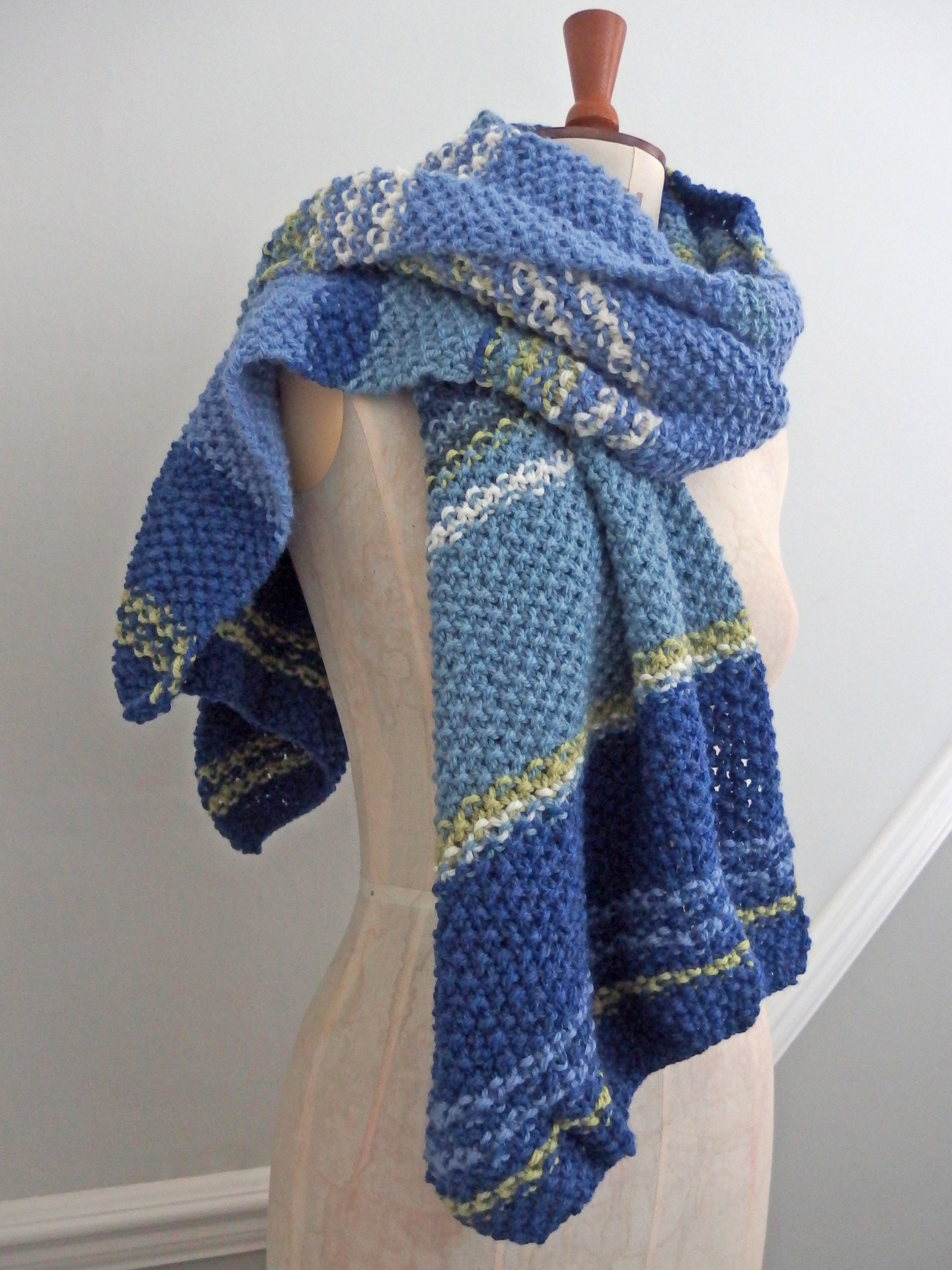 Scarf - Extraordinarily soft 100% Wool: Blue and Green Stripes