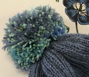 Winter Pom Pom hand-knitted Hat (blues, greens)