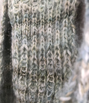 Soft hand-dyed wool and baby silk alpaca in soft tones of greens and soft blues