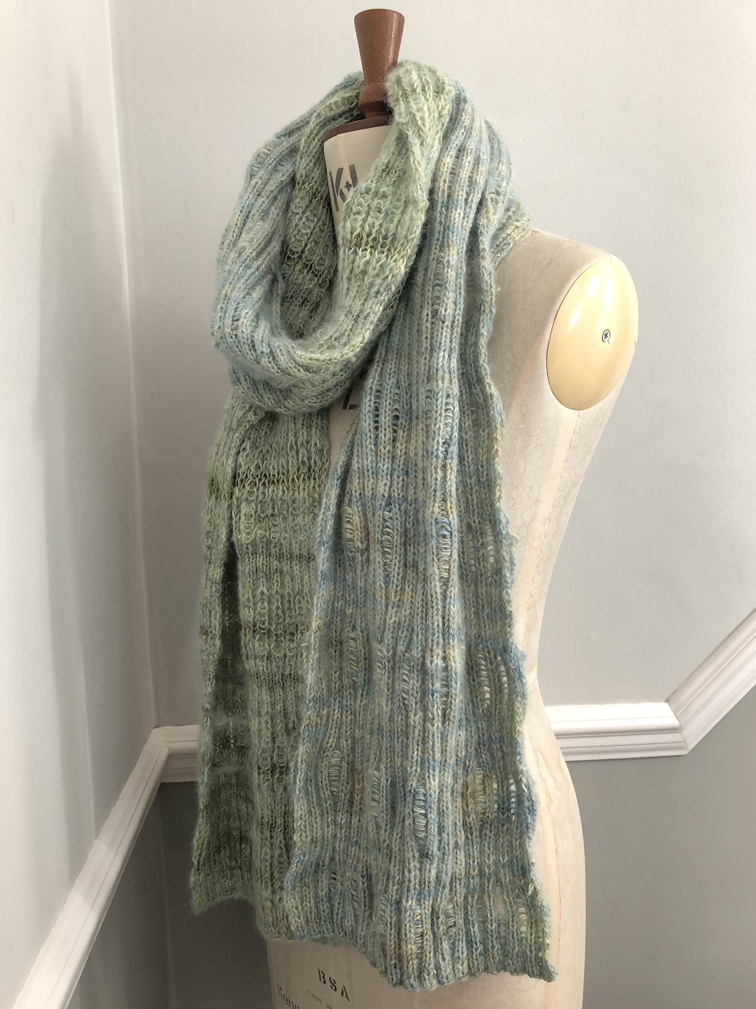 Soft hand-dyed wool and baby silk alpaca in soft tones of greens and soft blues