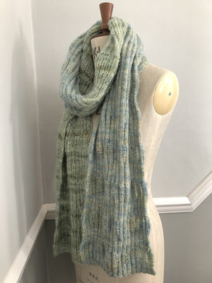 Soft hand-dyed wool and baby silk alpaca in soft tones of greens and soft blues