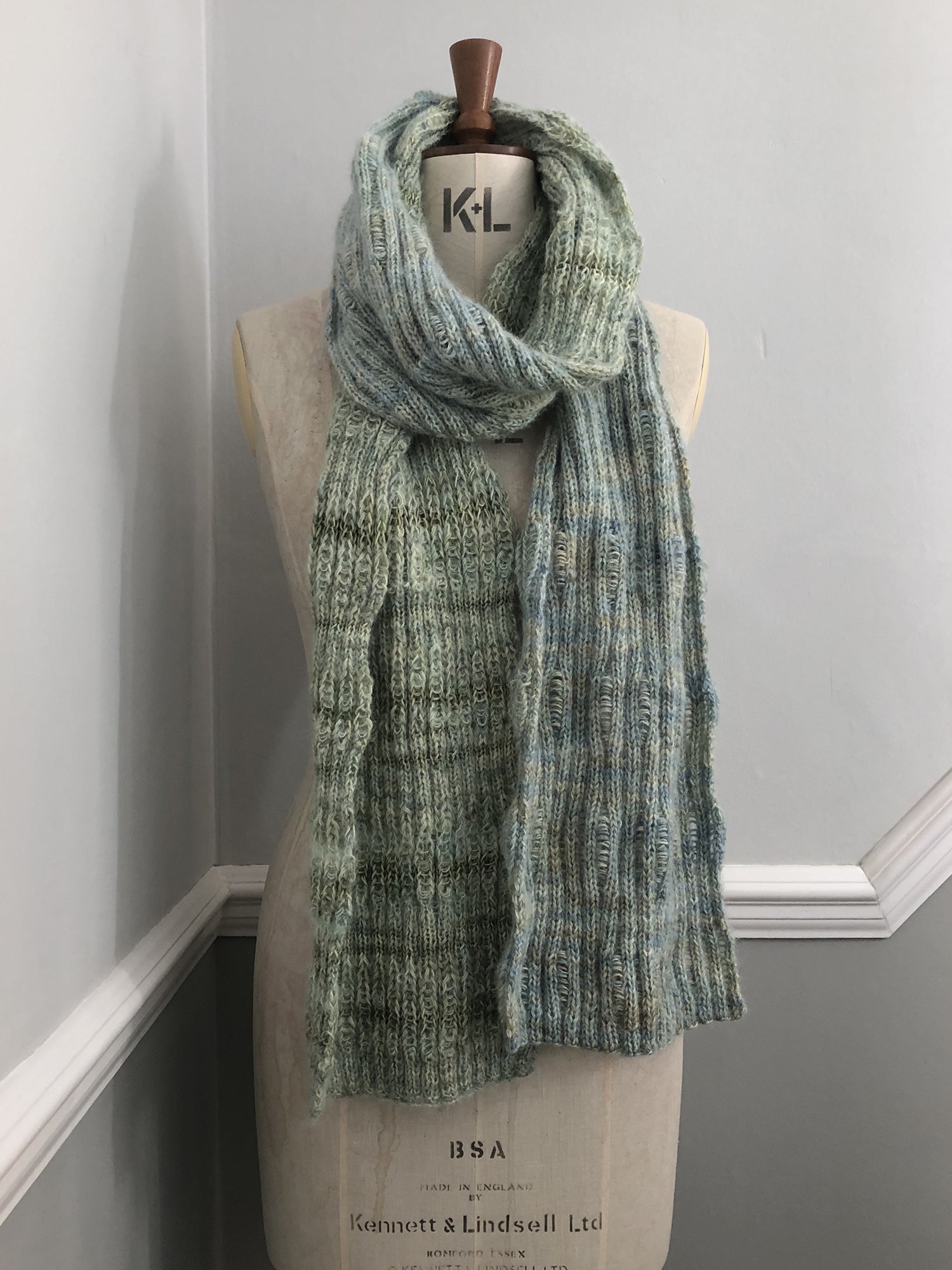 Soft hand-dyed wool and baby silk alpaca in soft tones of greens and soft blues