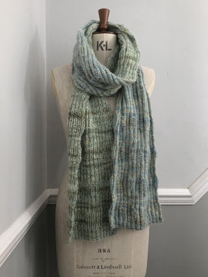 Soft hand-dyed wool and baby silk alpaca in soft tones of greens and soft blues