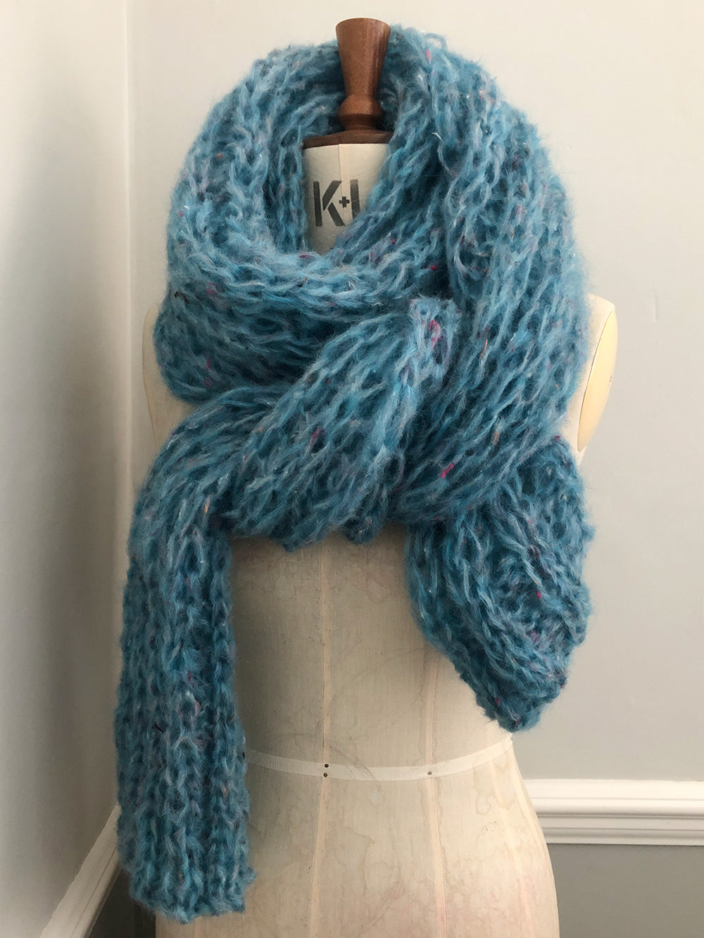 Mohair and super fine alpaca scarf in soft sea blues