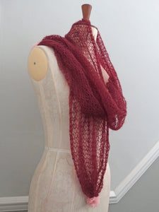 Pom Pom Scarf - Laceweight superfine 70% Mohair and 30% Silk. Raspberry