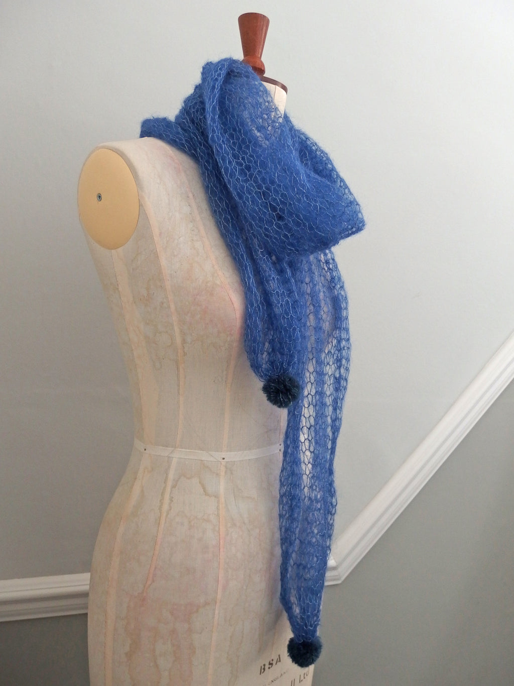 Pom Pom Scarf - Laceweight superfine 70% Mohair and 30% Silk. Ink Blue